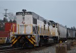 NREX 101 Genset pushing 25 loaded, covered hopper grain cars into the grain terminal, W/B in Brownsville.